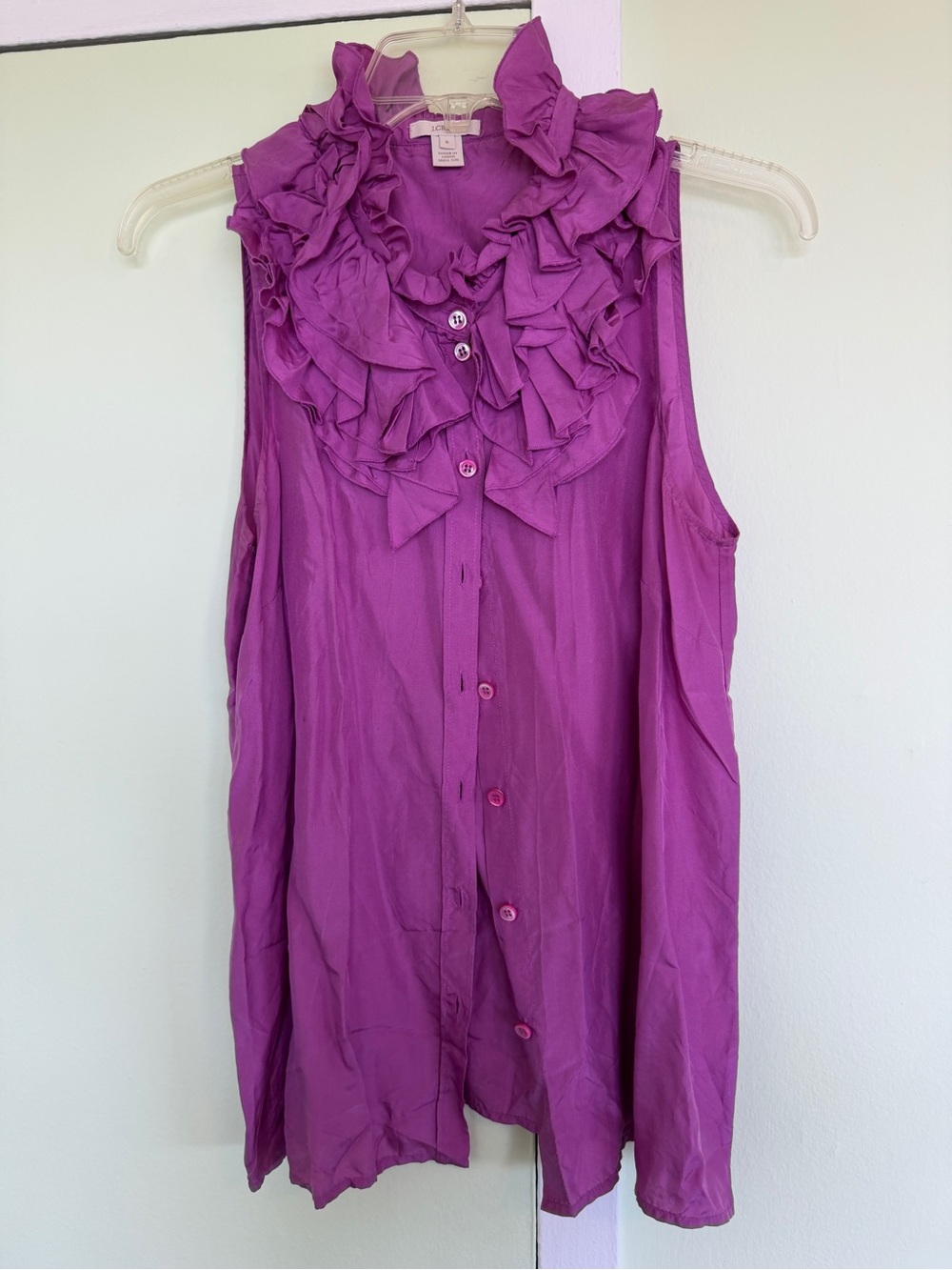 J Crew Sleeveless Ruffle Neck Silk Button-Front Top - Purple